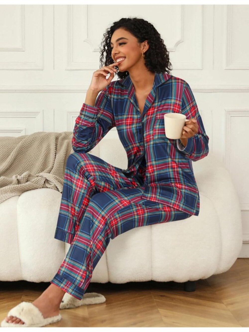 Women's Red Green Plaid Button Down Long Sleeve Shirt Sleepwear Pajamas Set - Picture 5 of 5